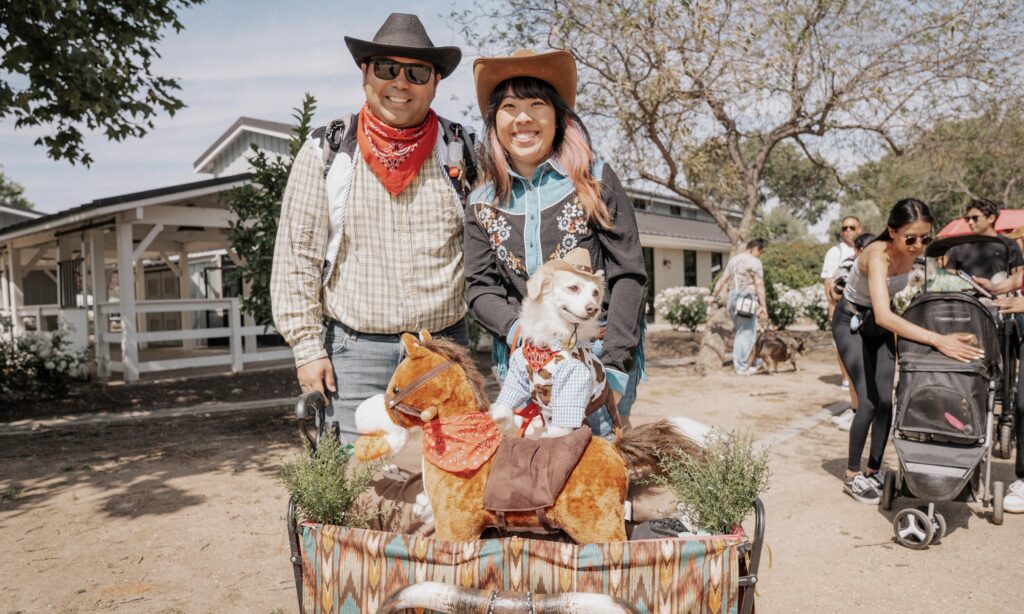 Two adults in cowboy attire stand outdoors with a small dog dressed in a costume, sitting on a toy horse in a decorated wagon; people and trees are visible in the background.