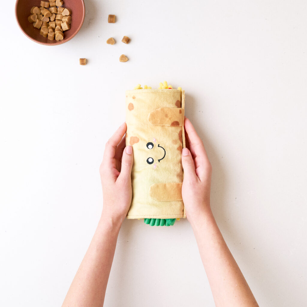 A person holds a rolled-up plush toy with a smiling face, resembling a burrito. A bowl of small brown treats sits nearby on a white surface.