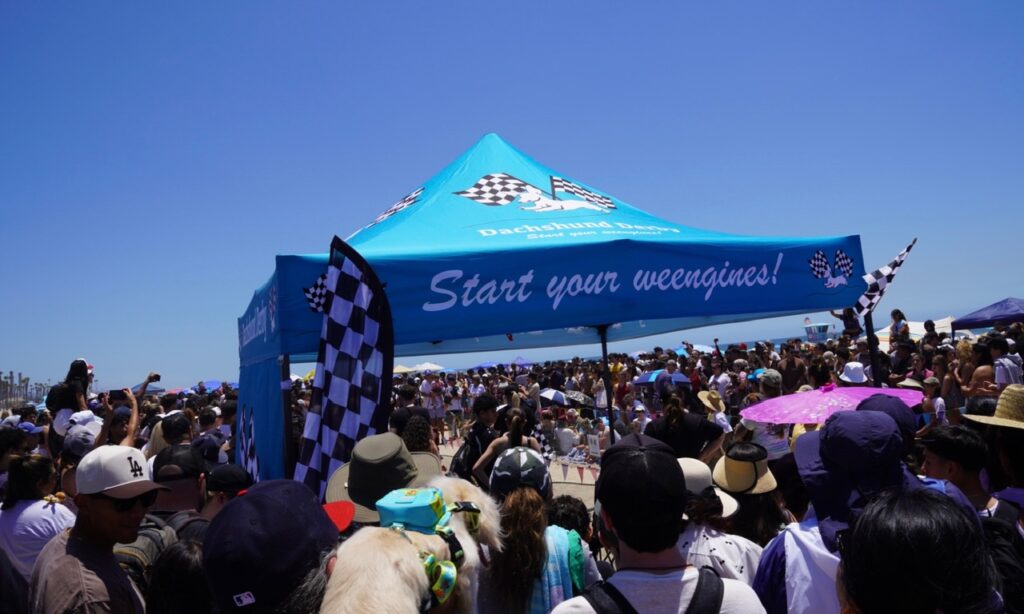 A crowd gathers around a blue tent with checkered flags and the words "Start your weengines!" at an outdoor event under a clear sky.