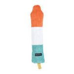 The Jigglerz® - Rocket Pop is a long, plush dog toy with a corduroy texture in orange, white, and teal, featuring a small black "ZippyPaws" label and a yellow tag at the bottom.