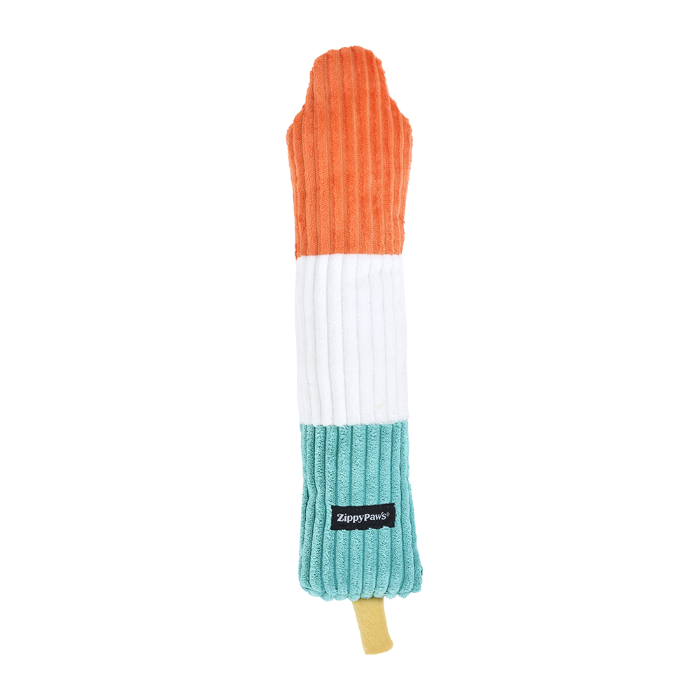 The Jigglerz® - Rocket Pop is a long, plush dog toy with a corduroy texture in orange, white, and teal, featuring a small black "ZippyPaws" label and a yellow tag at the bottom.