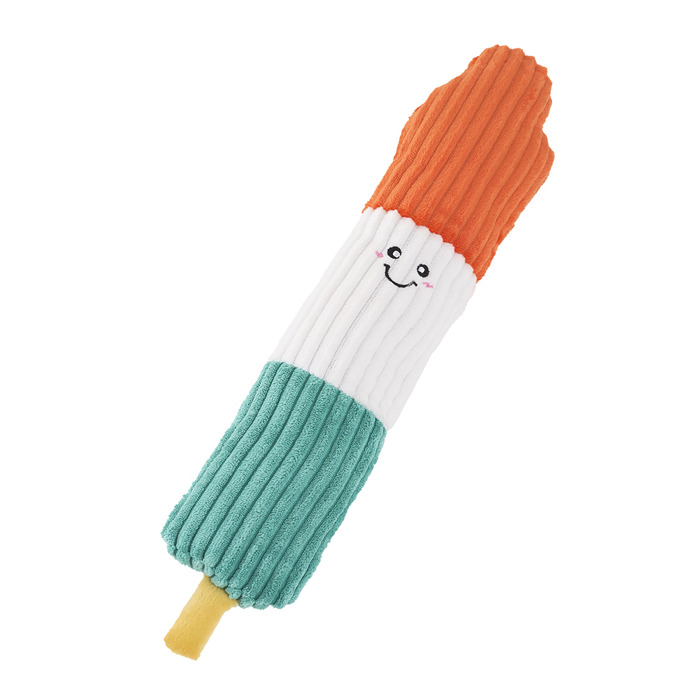 The Jigglerz® - Rocket Pop is a plush toy featuring orange, white, and green sections, a smiling face on the white part, and a yellow end, designed to resemble a popsicle.