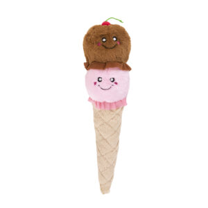 Jigglerz® - Rocket Pop is a plush toy shaped like a rocket pop with two smiling scoops, one brown and one pink, topped with a red cherry.