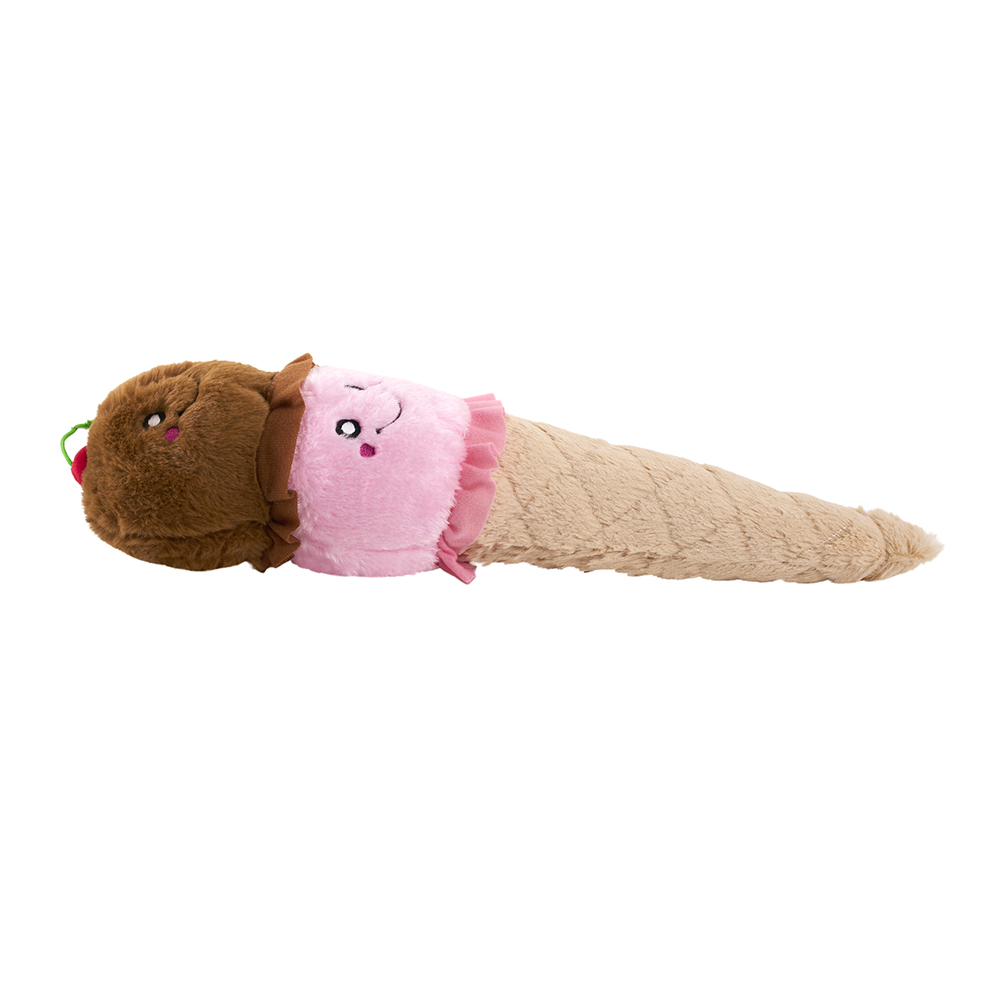 Jigglerz® - Rocket Pop is a plush toy shaped like an ice cream cone with smiling chocolate and strawberry scoops atop a tan cone.