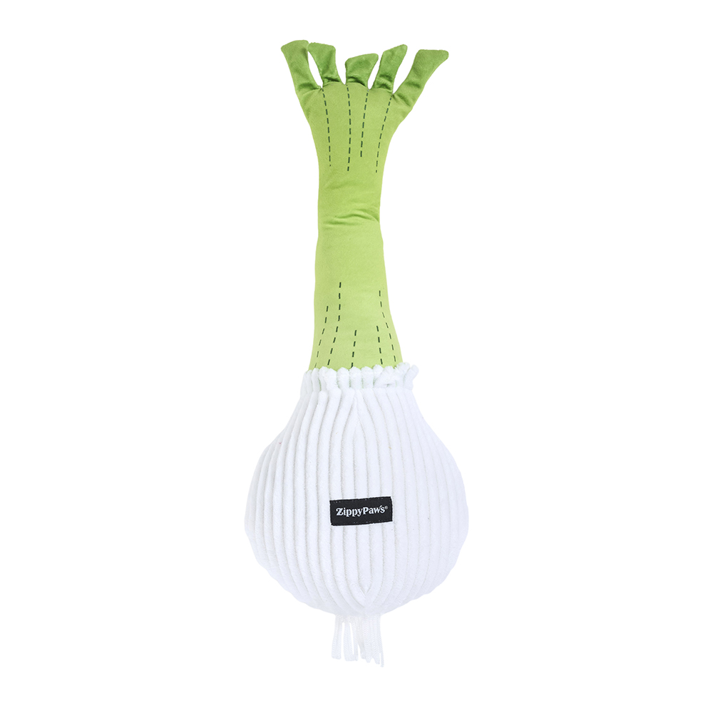 A plush dog toy named Jigglerz® - Rocket Pop, designed in the shape of a white onion with green leaves and a "Zippy Paws" label on the front.