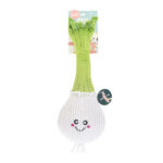 Plush dog toy named Jigglerz® - Rocket Pop, shaped like a smiling green onion with a white textured bulb, stitched green leaves, and an attached product tag.