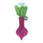 Jigglerz® - Rocket Pop plush dog toy, shaped like a rocket pop with bright colors and a smiling face, still attached to packaging.