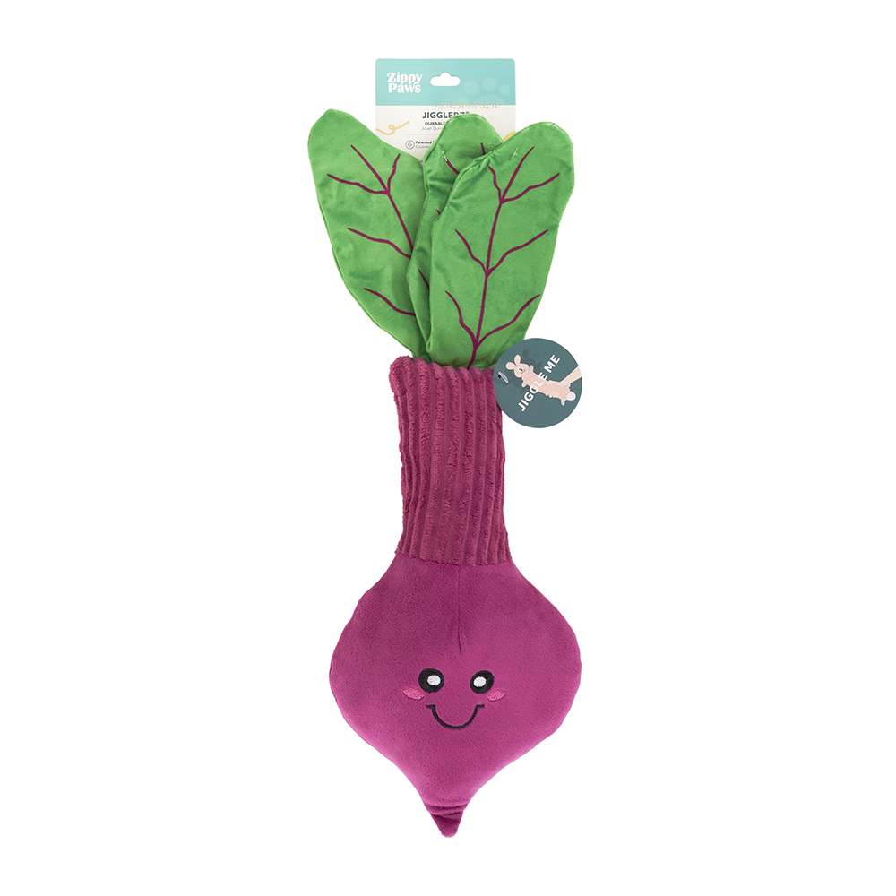 Jigglerz® - Rocket Pop plush dog toy, shaped like a rocket pop with bright colors and a smiling face, still attached to packaging.