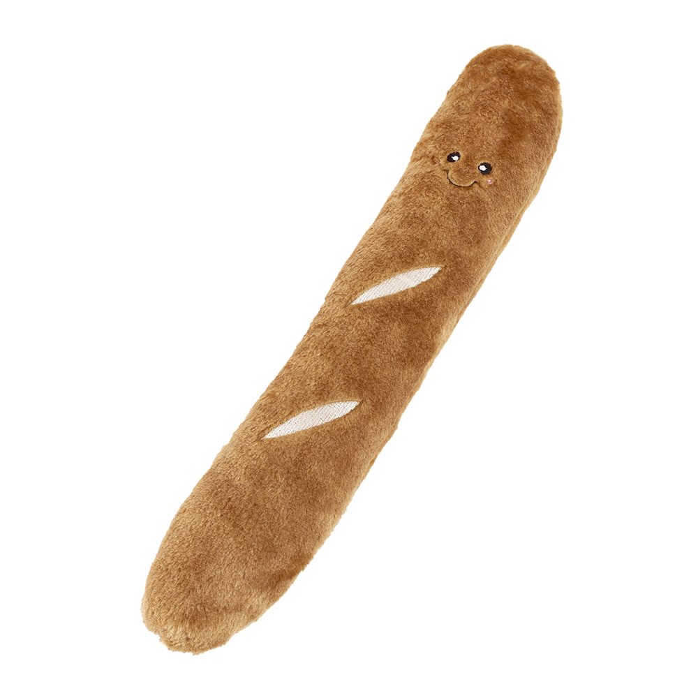 A plush toy shaped like a Rocket Pop, the Jigglerz®, with two light-colored slashes and a smiling face near one end.