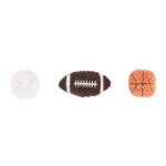 Three plush Zippy Burrow® - Zippy Meal toys, resembling a baseball, a football, and a basketball, are displayed side by side on a white background.