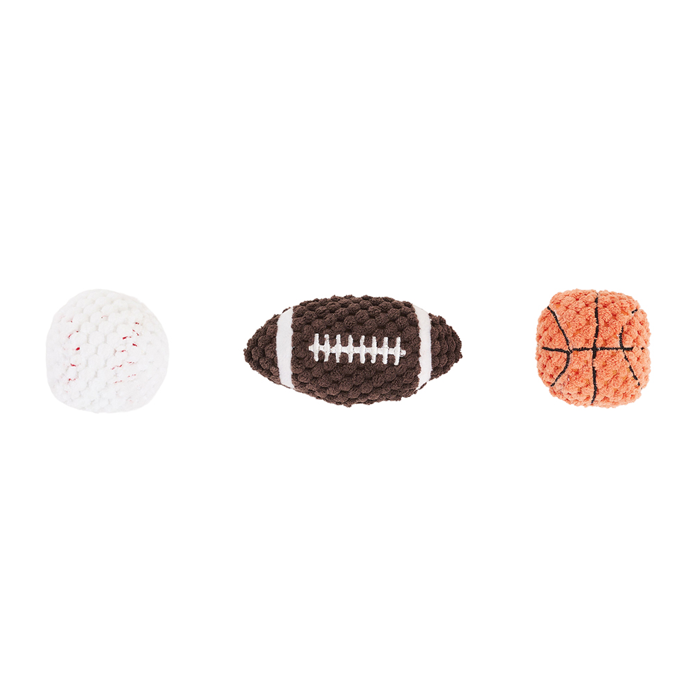 Three plush Zippy Burrow® - Zippy Meal toys, resembling a baseball, a football, and a basketball, are displayed side by side on a white background.