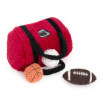 Zippy Burrow® - Zippy Meal features a red duffel bag with black handles, paired with three plush sports balls—a basketball, a football, and a baseball—all set against a white background.