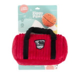 Zippy Burrow® - Zippy Meal dog toy set featuring a red plush gym bag with a black handle and an orange textured ball, packaged on a ZippyPaws branded backing card.