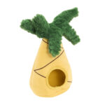 A plush Zippy Burrow® - Zippy Meal pet bed featuring a yellow, pineapple-inspired design with green textured leaves on top and a circular entrance at the bottom front.