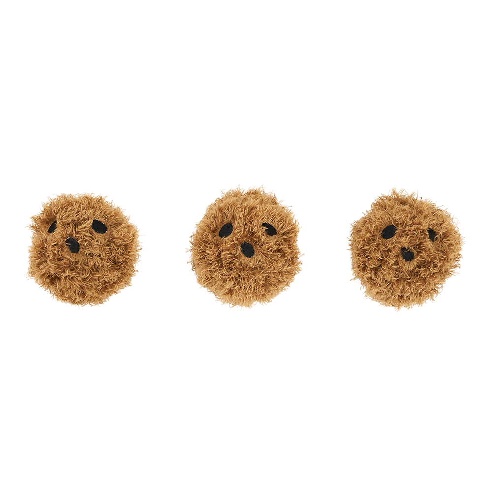 Three Zippy Burrow® - Zippy Meal toys, featuring a round brown textured design with black markings, are arranged in a row against a white background.