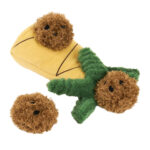 Sure! Here’s the rewritten sentence using your product data: A Zippy Burrow® - Zippy Meal plush pineapple toy with three removable brown, fuzzy balls featuring black stitched faces, and a green plush stem attached.