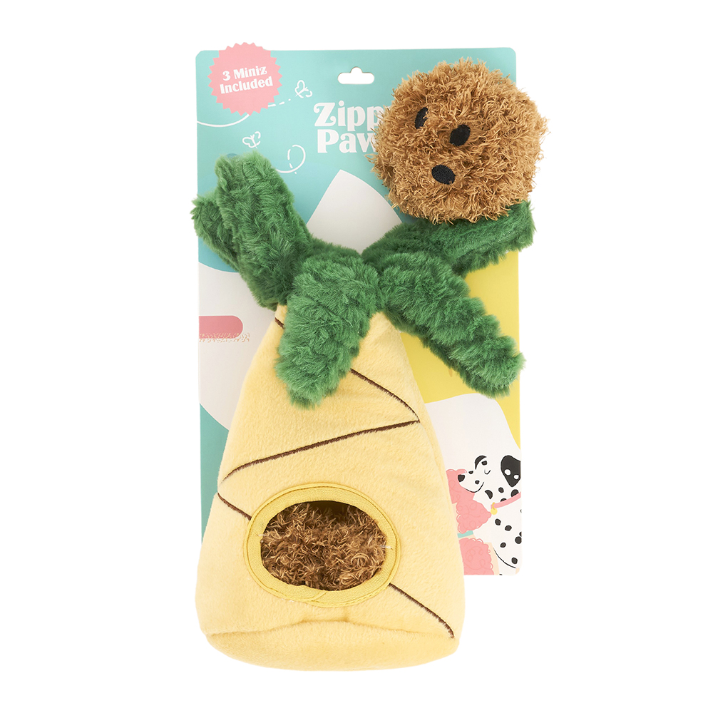 Zippy Burrow® - Zippy Meal plush pineapple-shaped dog toy package featuring a yellow base, green leaves, and a brown textured ball on top; label reads “3 Miniz Included” and “Zippy Paws.”.