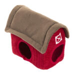 Zippy Burrow® - Zippy Meal is a plush toy house in red and brown, featuring arched doorways and a white window pattern on one side, designed to resemble a small barn.