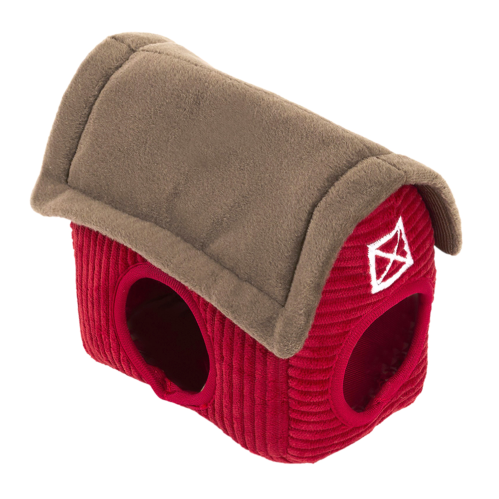Zippy Burrow® - Zippy Meal is a plush toy house in red and brown, featuring arched doorways and a white window pattern on one side, designed to resemble a small barn.