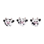 Three round Zippy Burrow® - Zippy Meal plush toys, shaped like cows with black and white spots, pink cheeks, and small horns, are lined up against a white background.