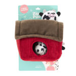 Zippy Burrow® - Zippy Meal features a red and brown plush barn with two small black and white plush cows, packaged on blue cardboard backing labeled “ZippyPaws” and highlighted with a pink circle stating “3 Miniz Included.”.