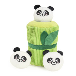 A Zippy Burrow® - Zippy Meal plush toy set featuring a green bamboo stalk with two leaves and three round panda face plushies.