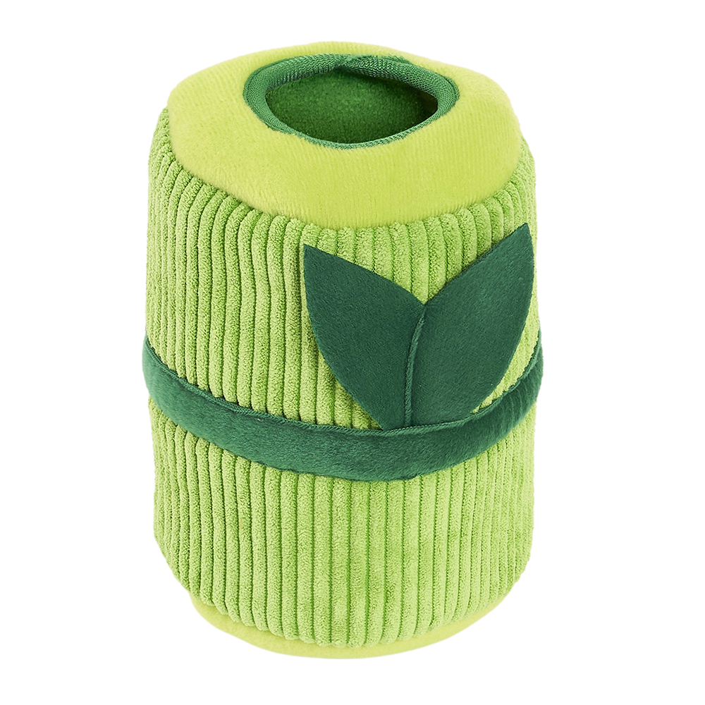 A green Zippy Burrow® - Zippy Meal plush toy shaped like a rolled-up towel, featuring two felt leaves and a textured corduroy surface.
