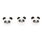 Three Zippy Burrow® - Zippy Meal plush panda faces with black ears and cheeks, each displaying a different facial expression, are arranged side by side on a white background.