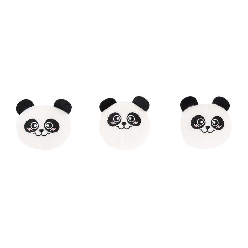 Three Zippy Burrow® - Zippy Meal plush panda faces with black ears and cheeks, each displaying a different facial expression, are arranged side by side on a white background.