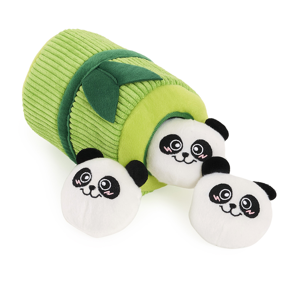 Three plush meals partially emerge from a soft, cylindrical Zippy Burrow® - Zippy Meal container with detailed accents on top.