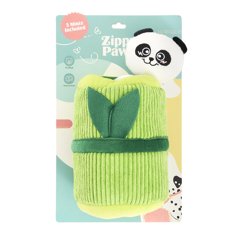 Zippy Burrow® - Zippy Meal is a green plush dog toy adorned with leaf details, packaged with a white and black panda plush head on top. The packaging displays “ZippyPaws” along with “3 Miniz Included” and paw print icons.