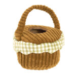 A soft, brown Zippy Burrow® - Zippy Meal basket with a checkered cloth trim and a handle, featuring a round opening on the top.