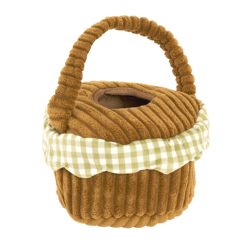 A soft, brown Zippy Burrow® - Zippy Meal basket with a checkered cloth trim and a handle, featuring a round opening on the top.