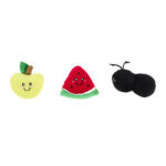 Three plush toys from the Zippy Burrow® - Zippy Meal set, featuring a smiling yellow apple with a green leaf, a slice of watermelon, and a black ant, all displayed against a white background.