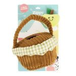Plush toy basket with a green gingham trim and a smiling apple plush on card packaging labeled “Zippy Burrow® - Zippy Meal.” A pink label reads “3 Miniz Included.”.