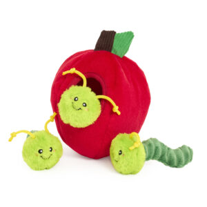 Zippy Burrow® - Zippy Meal is a plush red apple toy with a brown stem and green leaf, featuring three smiling green plush worms with yellow antennae and fuzzy textures.