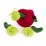 Zippy Burrow® - Zippy Meal is a plush toy set featuring a red apple with two detachable green caterpillars, all with smiling faces and yellow antennae.