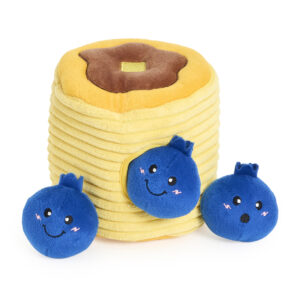 Enjoy the Zippy Burrow® - Zippy Meal: a plush stack of pancakes topped with a soft pat of butter, paired with three smiling blue plush blueberries.