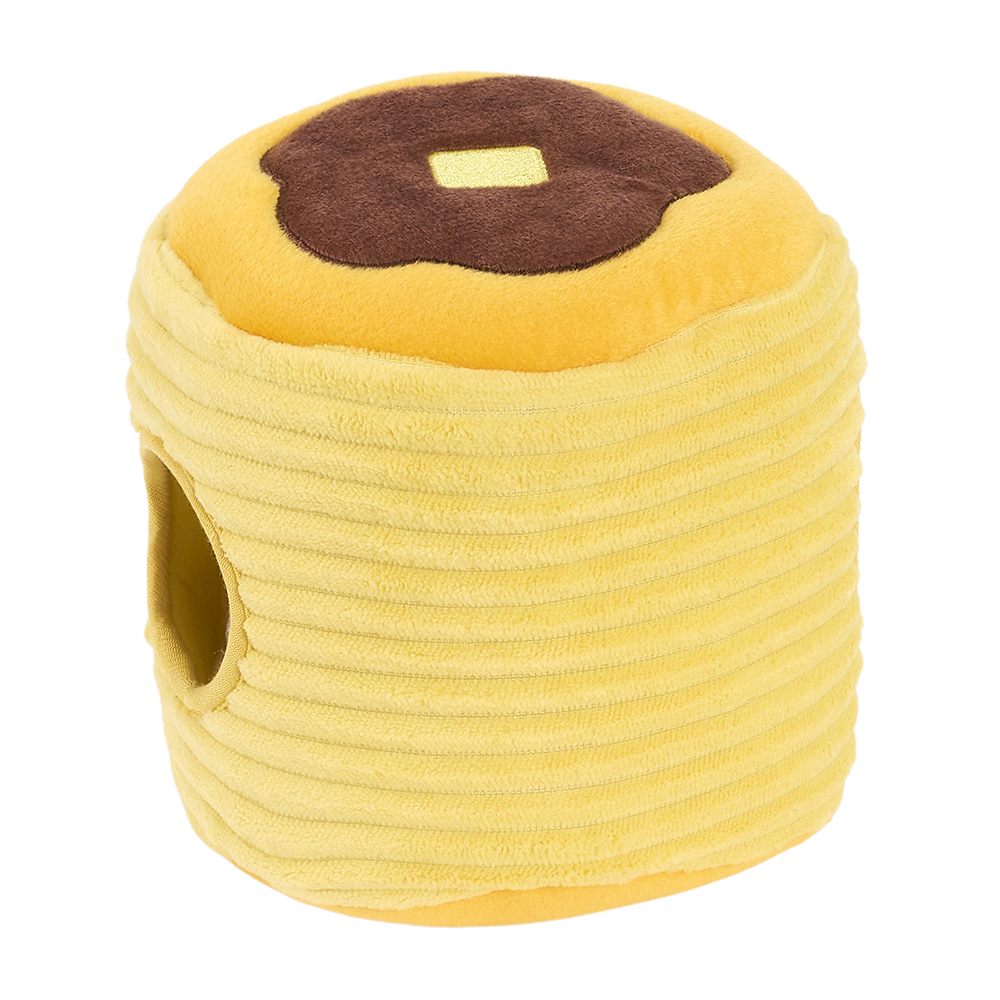 The Zippy Burrow® - Zippy Meal is a plush cat or small animal house shaped like a stack of pancakes, featuring a circular entrance on one side, a brown top resembling syrup, and a yellow square that looks like butter.