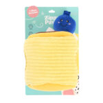 A yellow plush dog toy with a ribbed texture and a blue smiling plush on top, packaged on a teal backing labeled “Zippy Burrow® - Zippy Meal.”.