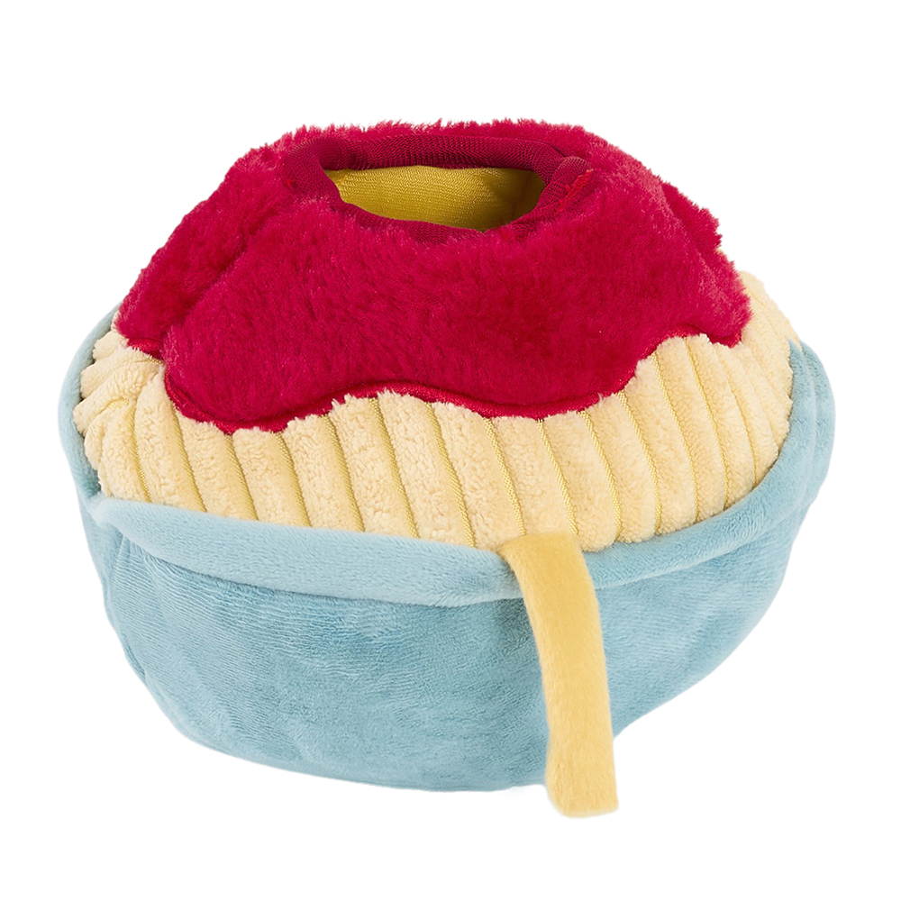 Zippy Burrow® - Zippy Meal is a plush toy shaped like a dessert, featuring a blue base, yellow bottom, and red topping with soft textured materials.