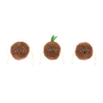 Three round, brown, fuzzy Zippy Burrow® - Zippy Meal plush toys with smiling faces, string arms, and one topped with two green felt leaves are displayed on a white background.