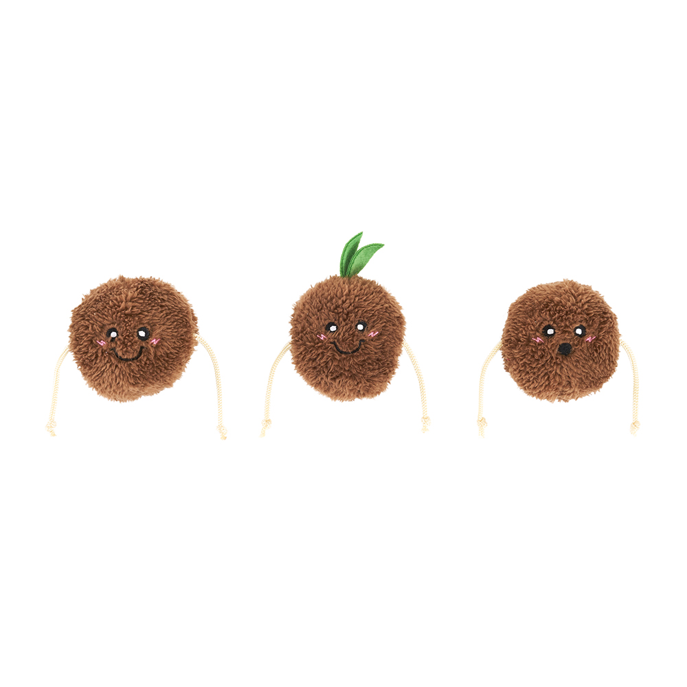 Three round, brown, fuzzy Zippy Burrow® - Zippy Meal plush toys with smiling faces, string arms, and one topped with two green felt leaves are displayed on a white background.