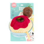 Zippy Burrow® - Zippy Meal plush dog toy featuring a banana split design with a brown plush figure, red topping, and packaging labeled “3 Miniz Included” from ZippyPaws.