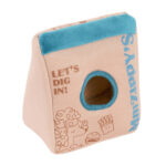 Zippy Burrow® - Zippy Meal is a plush toy designed to look like a brown bag with a teal top, featuring a round hole in the center and adorned with playful food-themed illustrations and the text “LET’S DIG IN!” and “MmZIPPY’S.”.