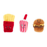 Three plush toys from the Zippy Burrow® - Zippy Meal set—a box of fries, a striped soda cup, and a hamburger, each featuring a cheerful smiling face—are displayed against a white background.