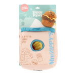 A Zippy Burrow® - Zippy Meal plush dog toy set featuring a soft pink bag with blue trim and two small plush food toys, including a smiling burger and a yellow figure, partially visible inside the bag.