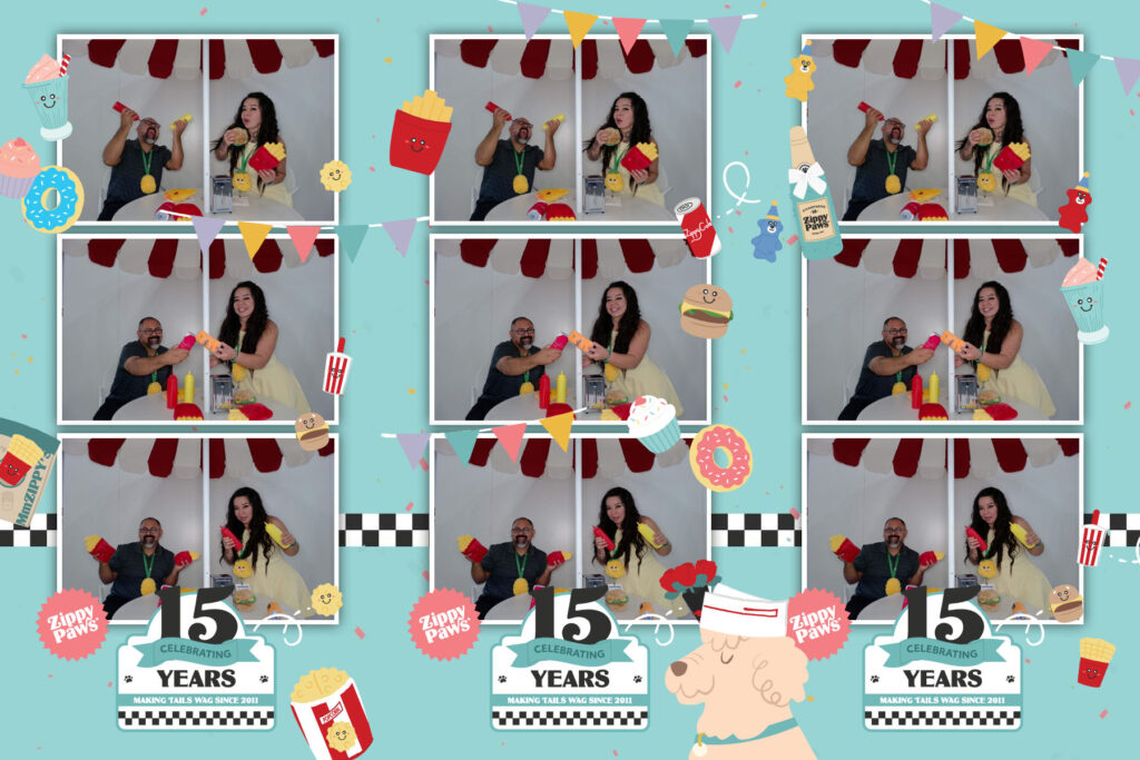 Photo booth collage shows two people posing with toy props in front of a circus-themed backdrop, celebrating “15 years” at a ZippyPaws event. The image has playful food-themed decorations.