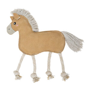 EcoZippy Suede and Rope Buddies - Horse: A stuffed horse toy with a tan body, white yarn mane and tail, stitched face, and rope legs ending in knots.
