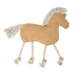 EcoZippy Suede and Rope Buddies - Horse, featuring brown suede fabric, a yarn mane and tail, and four braided rope legs with knotted ends, displayed on a white background.